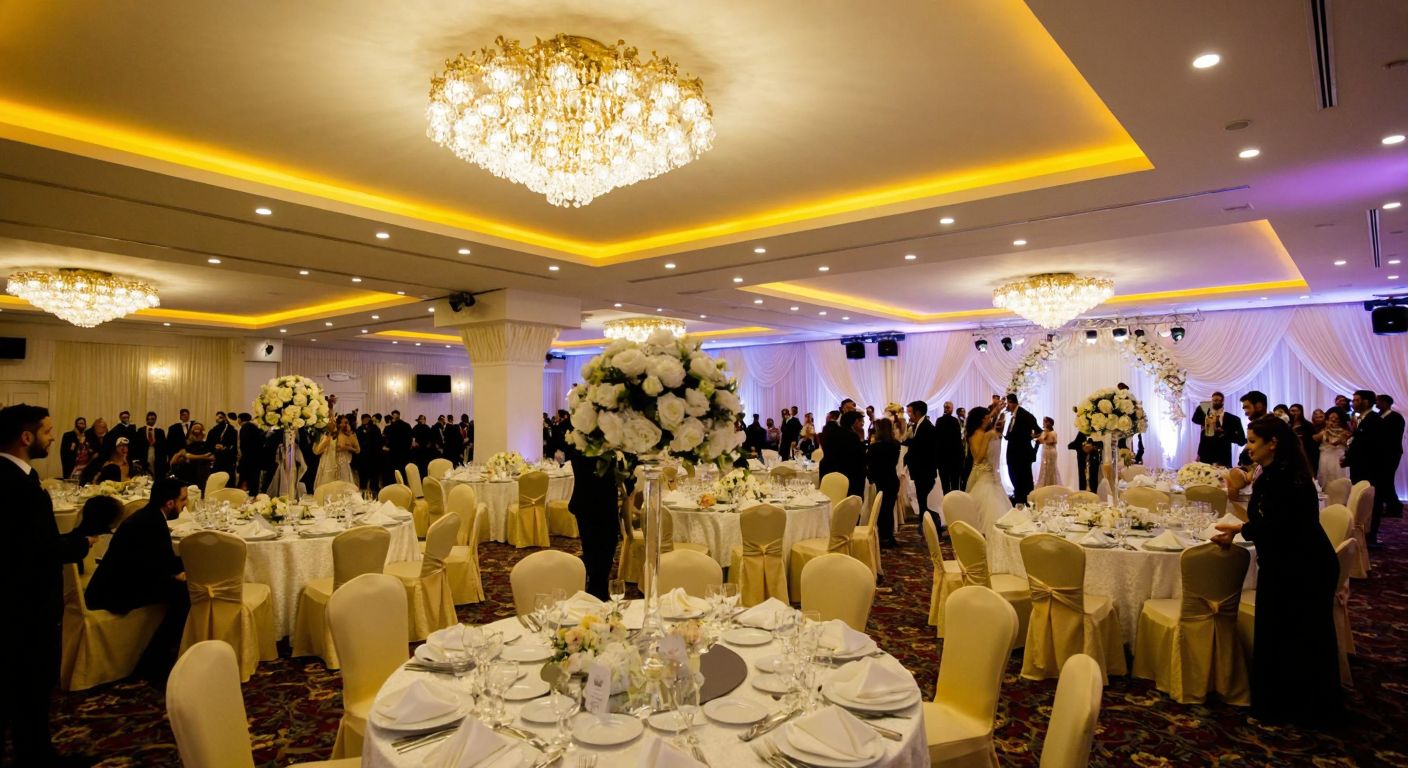 A grand wedding hall in Samsun with elegant chandeliers, long banquet tables set with white linens and floral centerpieces, and guests dressed in formal attire celebrating under soft golden lighting.