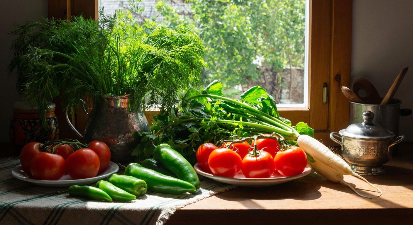 A vibrant wooden table in a sunlit Turkish kitchen displays fresh dill, ripe tomatoes, stuffed green peppers, and a daikon radish, arranged neatly on a woven cloth.