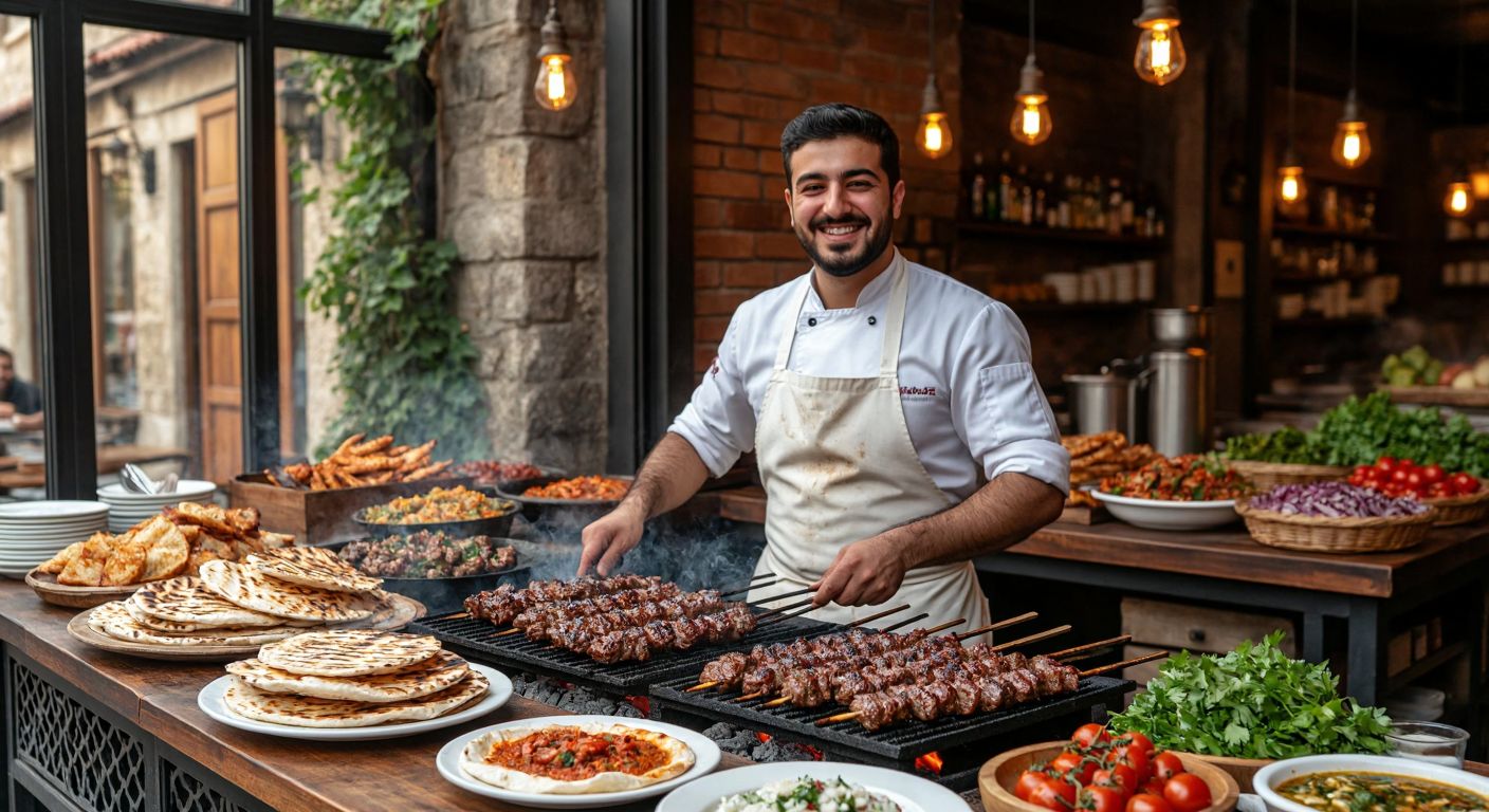 A cozy Turkish kebab restaurant with a warm, inviting interior, where a smiling chef in a white apron grills skewered meat over glowing charcoal, surrounded by plates of fresh lavash bread and colorful meze dishes, with no alcoholic beverages in sight.