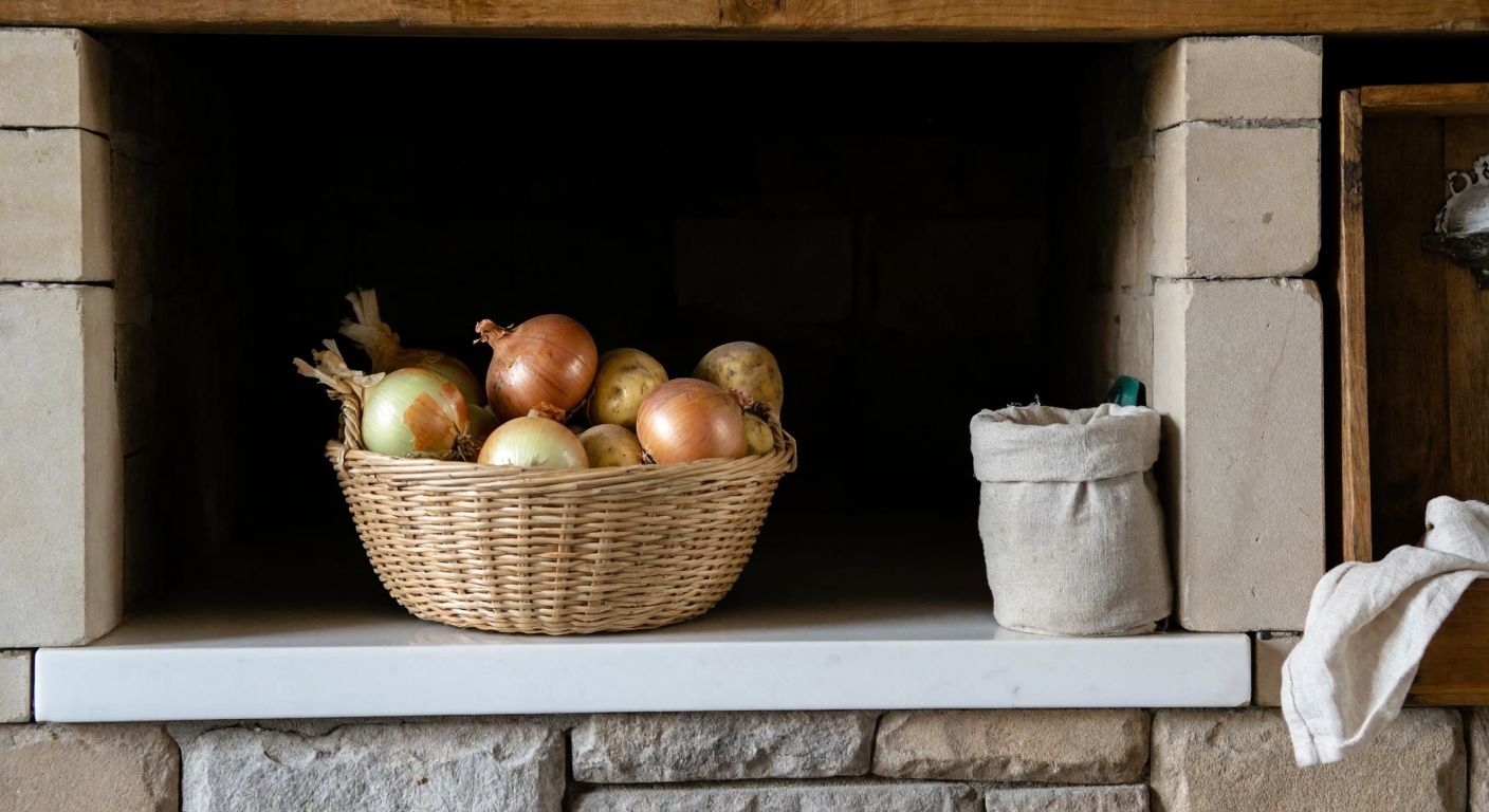 A rustic woven basket filled with fresh onions and potatoes sits on a cool, shaded stone shelf in a Turkish kitchen, with a dry wooden crate and a cloth sack nearby.