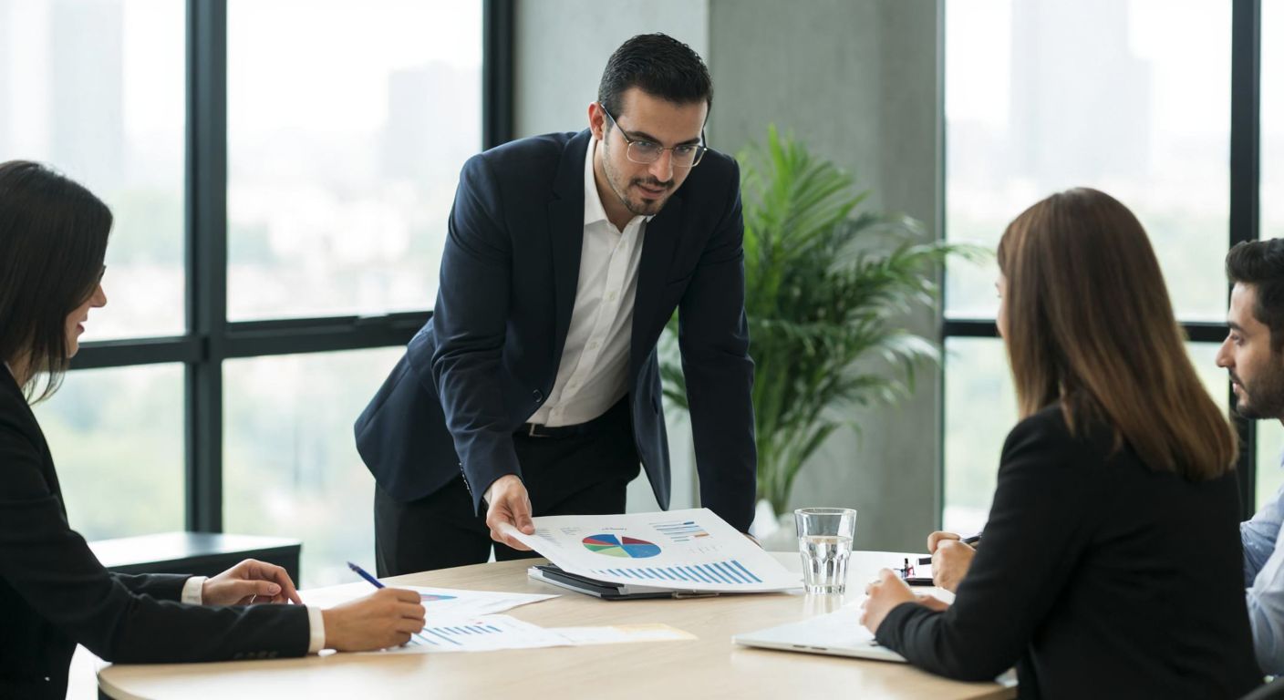 A confident Turkish business professional in a sleek office, reviewing financial charts while leading a diverse team in a collaborative meeting.