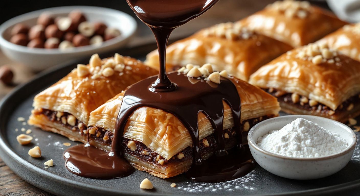 A smooth, glossy chocolate sauce drizzling over a golden-brown baklava, with crushed hazelnuts sprinkled on top and a small bowl of white powder (milk powder) beside it, evoking warmth and indulgence.