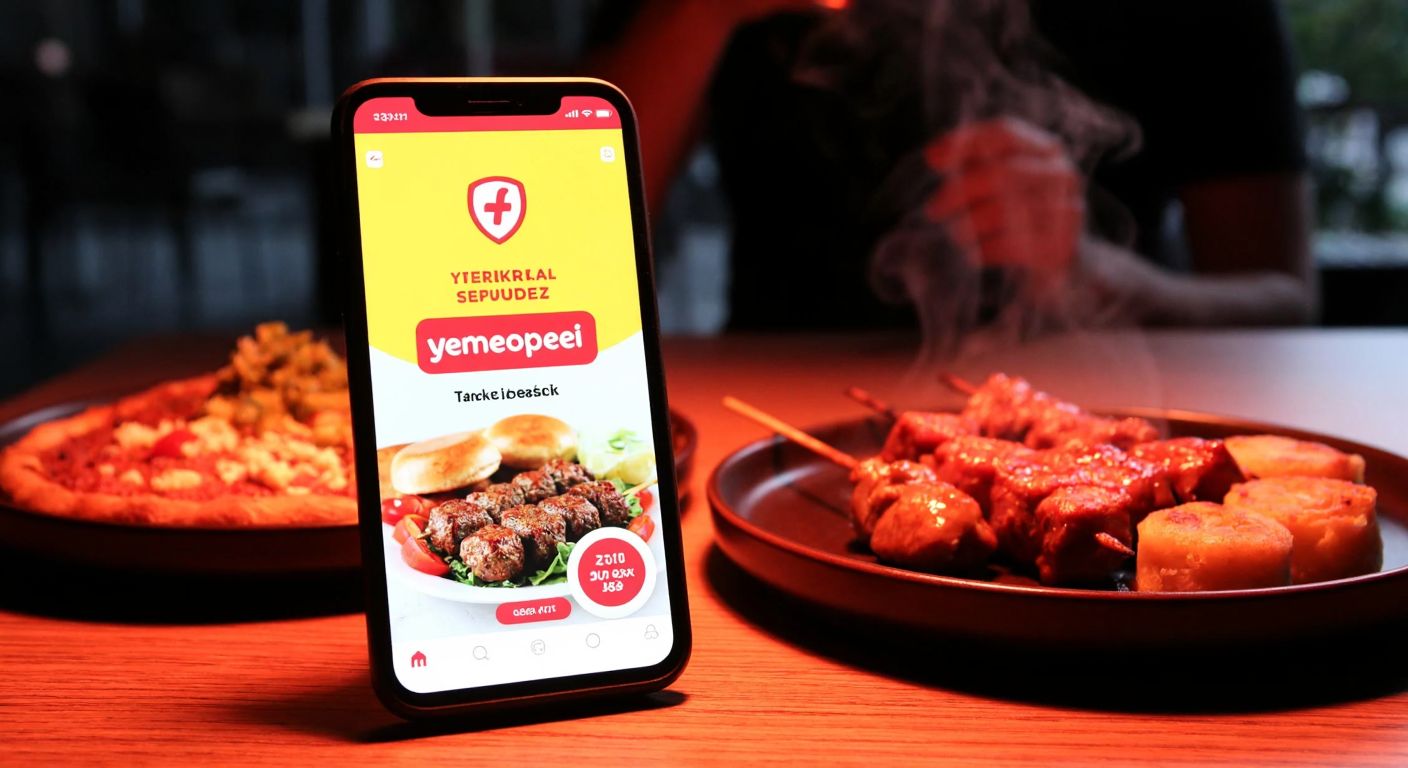 A vibrant smartphone screen glowing in a dimly lit room, displaying a colorful Yemeksepeti app interface with a steaming plate of Turkish kebabs and baklava beside it.
