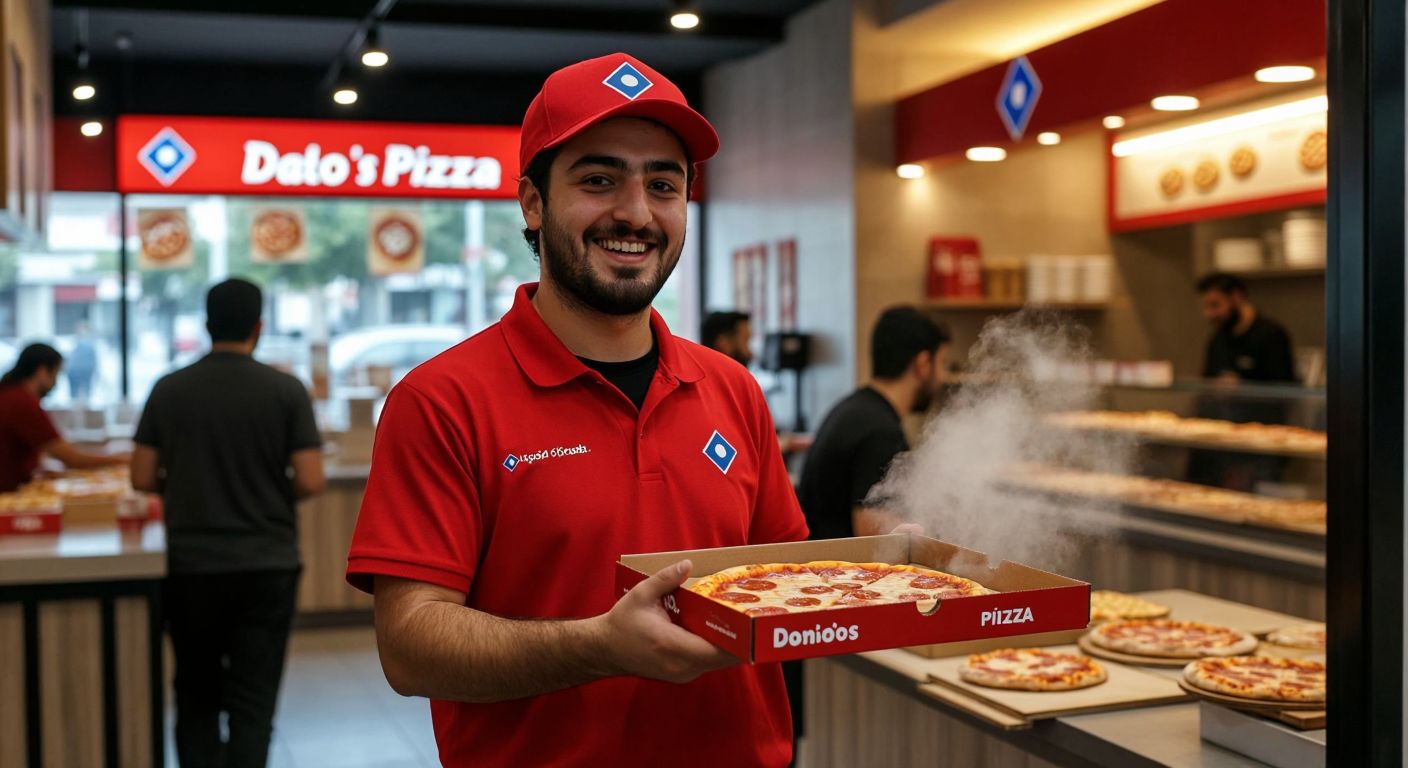 A bustling Domino's Pizza outlet in İznik with a warm-lit interior, a smiling Turkish employee in a red uniform handing a steaming pizza box to a customer, surrounded by the aroma of freshly baked dough and melted cheese.