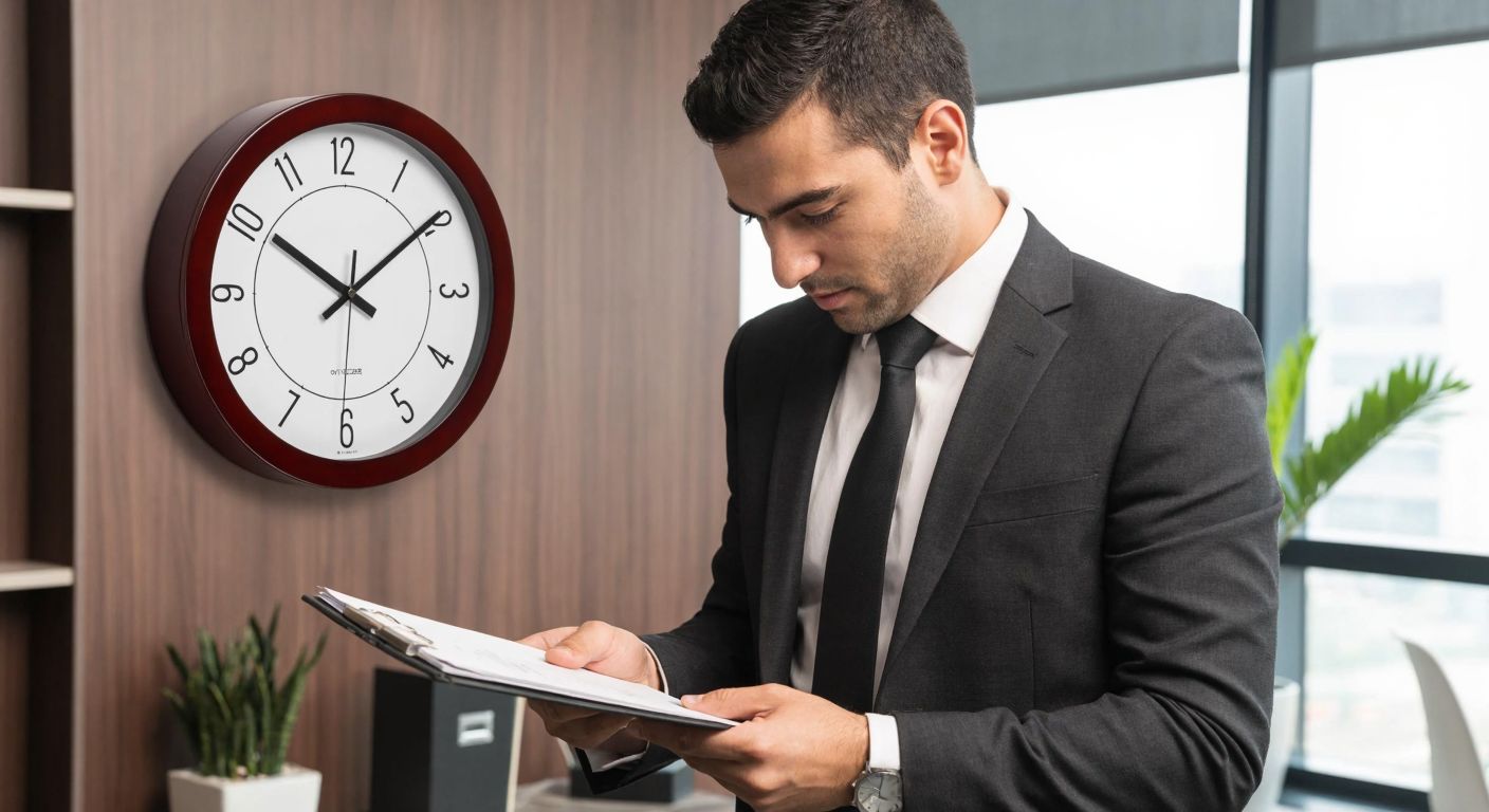 A well-dressed Turkish businessperson in a modern office carefully examines a sleek, high-quality promotional wall clock with a polished wooden frame and a crisp, embossed logo.