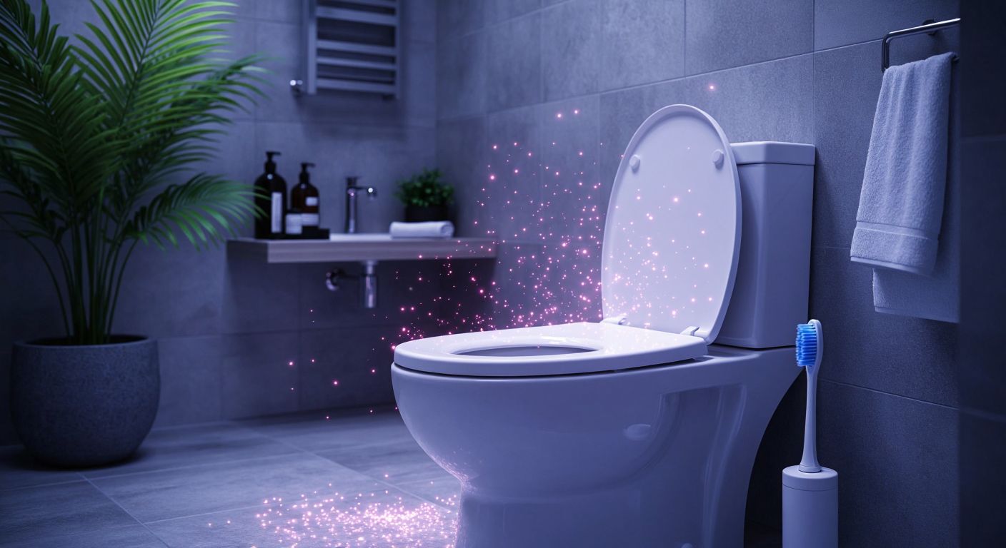 A modern Turkish bathroom with a closed white toilet lid, a toothbrush on the sink nearby, and tiny glowing particles suspended in the air to represent bacteria being contained.