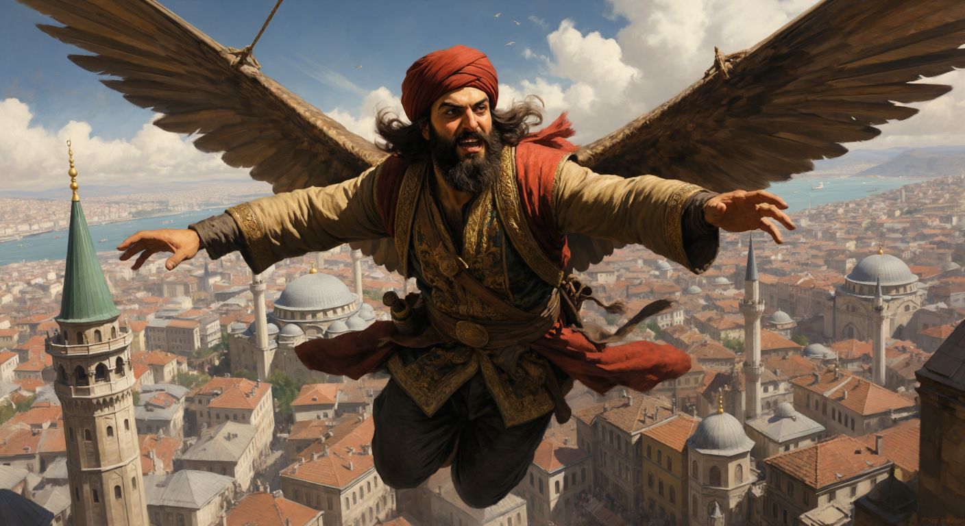 A bearded man in Ottoman attire glides through the sky with wooden wings over the minaret-dotted skyline of Istanbul, his determined gaze fixed ahead as crowds below point in awe.