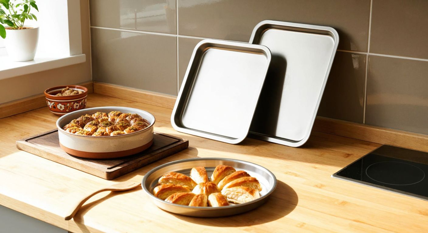 A neatly arranged set of three stainless steel baking trays in varying sizes (small, medium, large) placed on a wooden kitchen counter in a sunlit Turkish home, with a traditional ceramic bowl of baklava nearby.
