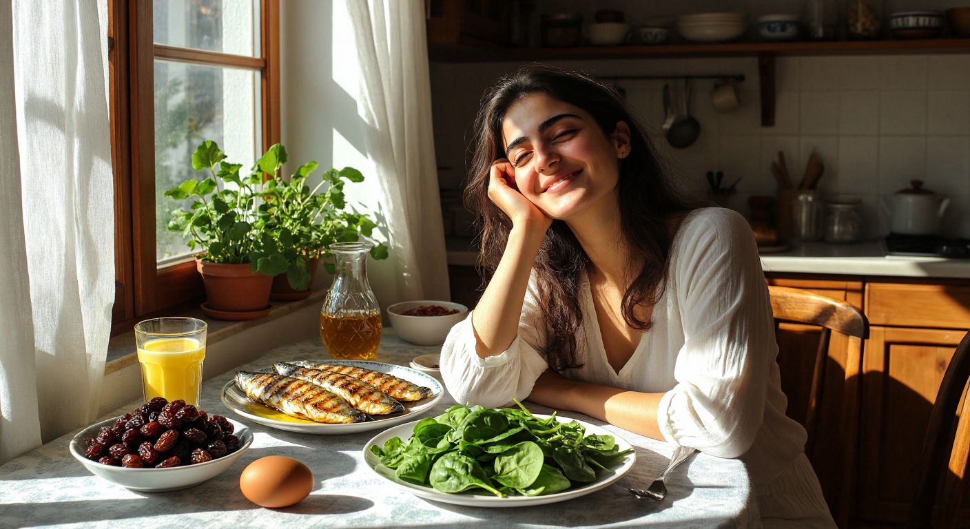 A tired but smiling Turkish woman sits at a sunlit kitchen table, surrounded by a plate of grilled fish, a bowl of yogurt with honey, a handful of dried grapes, a fresh spinach salad, and a boiled egg, with a glass of water nearby.