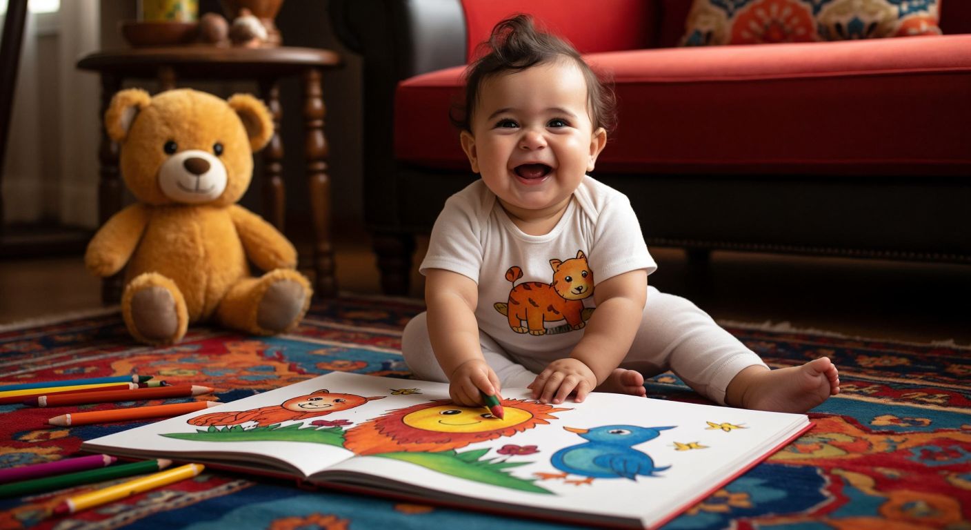 A chubby-cheeked Turkish baby sits on a colorful rug, giggling while clumsily holding a thick crayon over a large, simple animal drawing in a sturdy, brightly illustrated coloring book.