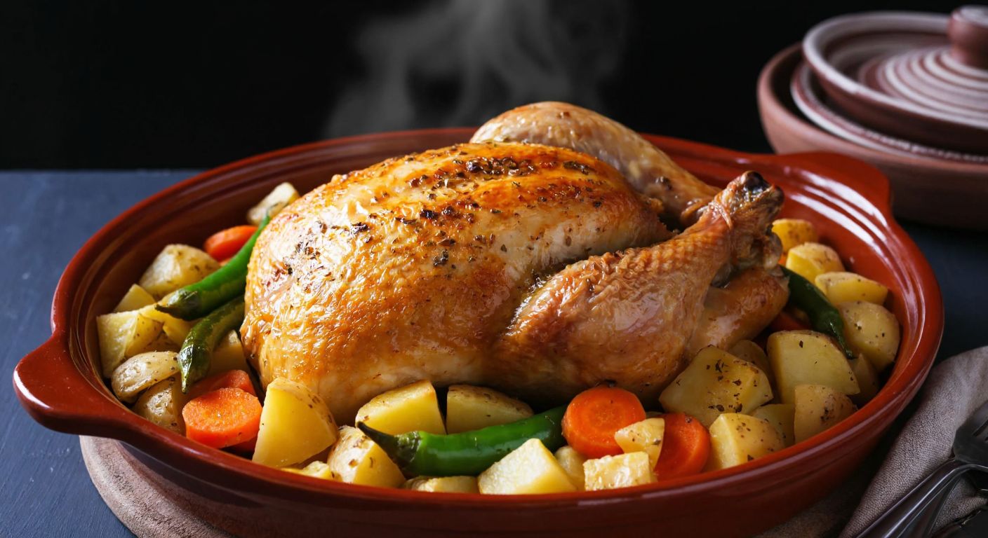 A golden-brown roasted chicken leg nestled among cubed potatoes, sliced carrots, and green peppers in a rustic Turkish ceramic baking dish, glistening with oil and spices, emitting warm steam.