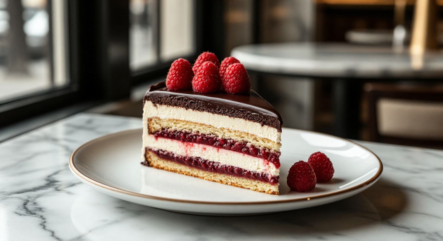A decadent slice of raspberry opera cake on a white plate, with layers of sponge, raspberry jam, vanilla cream, and chocolate glaze, topped with fresh raspberries, placed on a marble counter in a sunlit Turkish pastry shop.