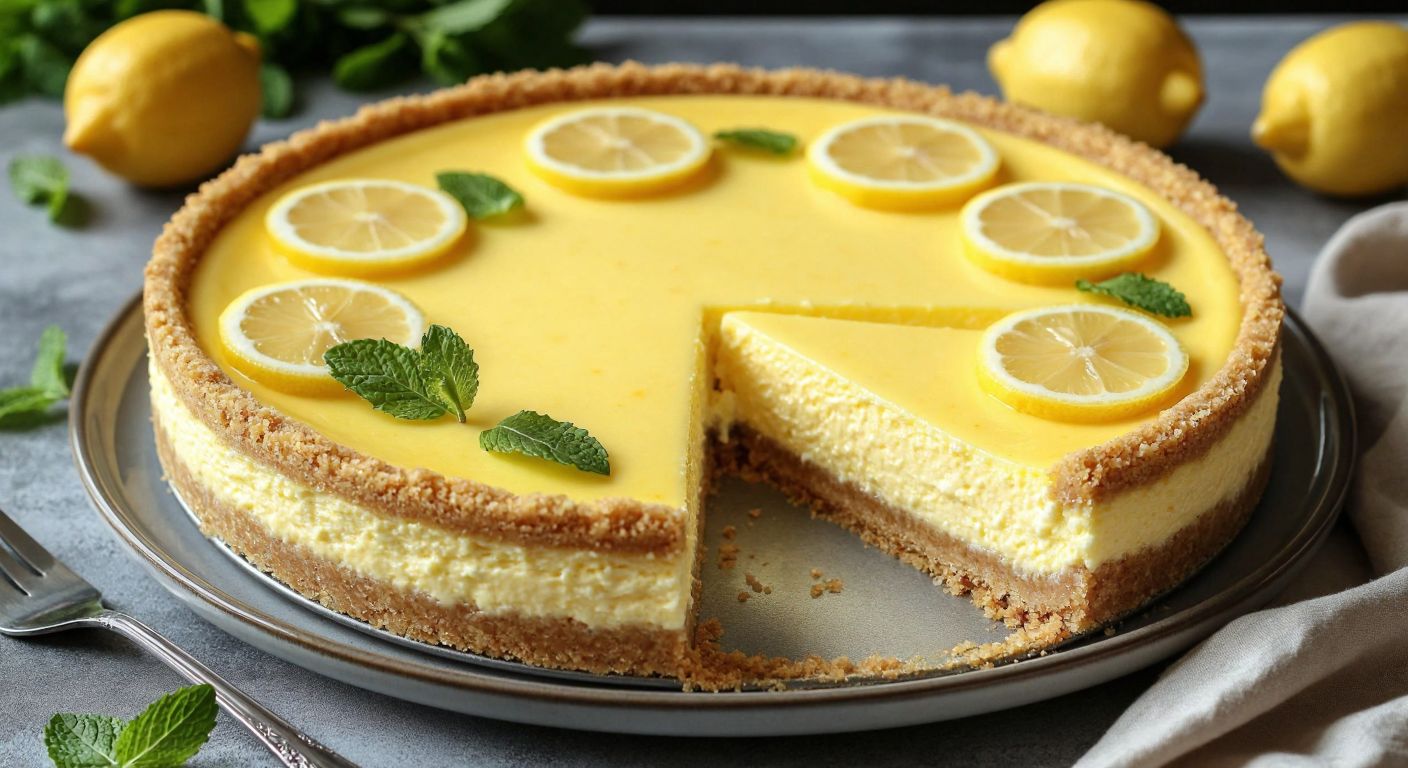 A golden, freshly baked lemon cheesecake in a borcam dish, with a crumbly biscuit base, creamy yellow filling, and a glossy lemon topping, garnished with thin lemon slices and fresh mint leaves on a sunlit Turkish kitchen counter.