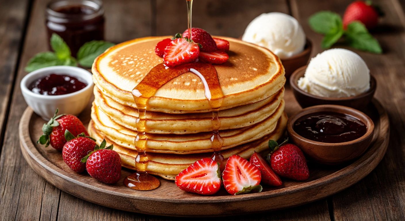 A golden stack of fluffy pancakes on a rustic wooden plate, drizzled with honey and topped with fresh strawberries, surrounded by small bowls of jam, chocolate sauce, and a scoop of vanilla ice cream, evoking warmth and indulgence.