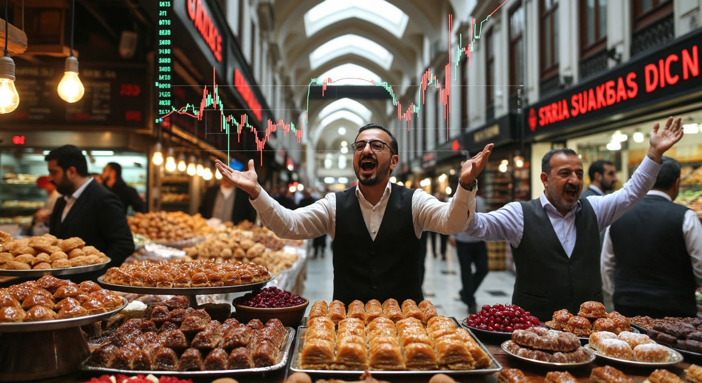 A dynamic stock market graph with a sharp peak at 36.62 TL, set against a backdrop of a bustling Turkish bazaar, with traders gesturing excitedly and the scent of fresh baklava in the air.