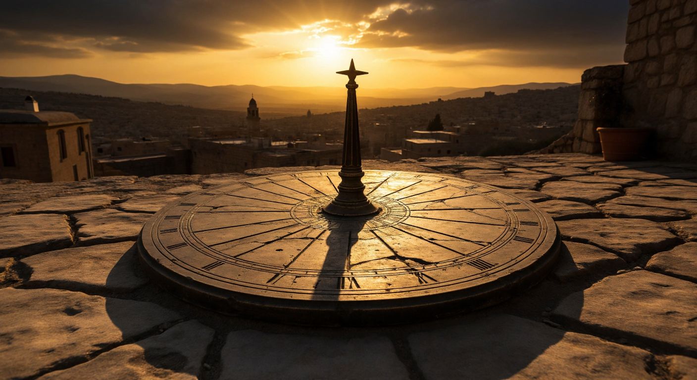 A weathered ancient sundial casting a long shadow on cracked stone, with a faint silhouette of Bethlehem in the distant golden horizon.