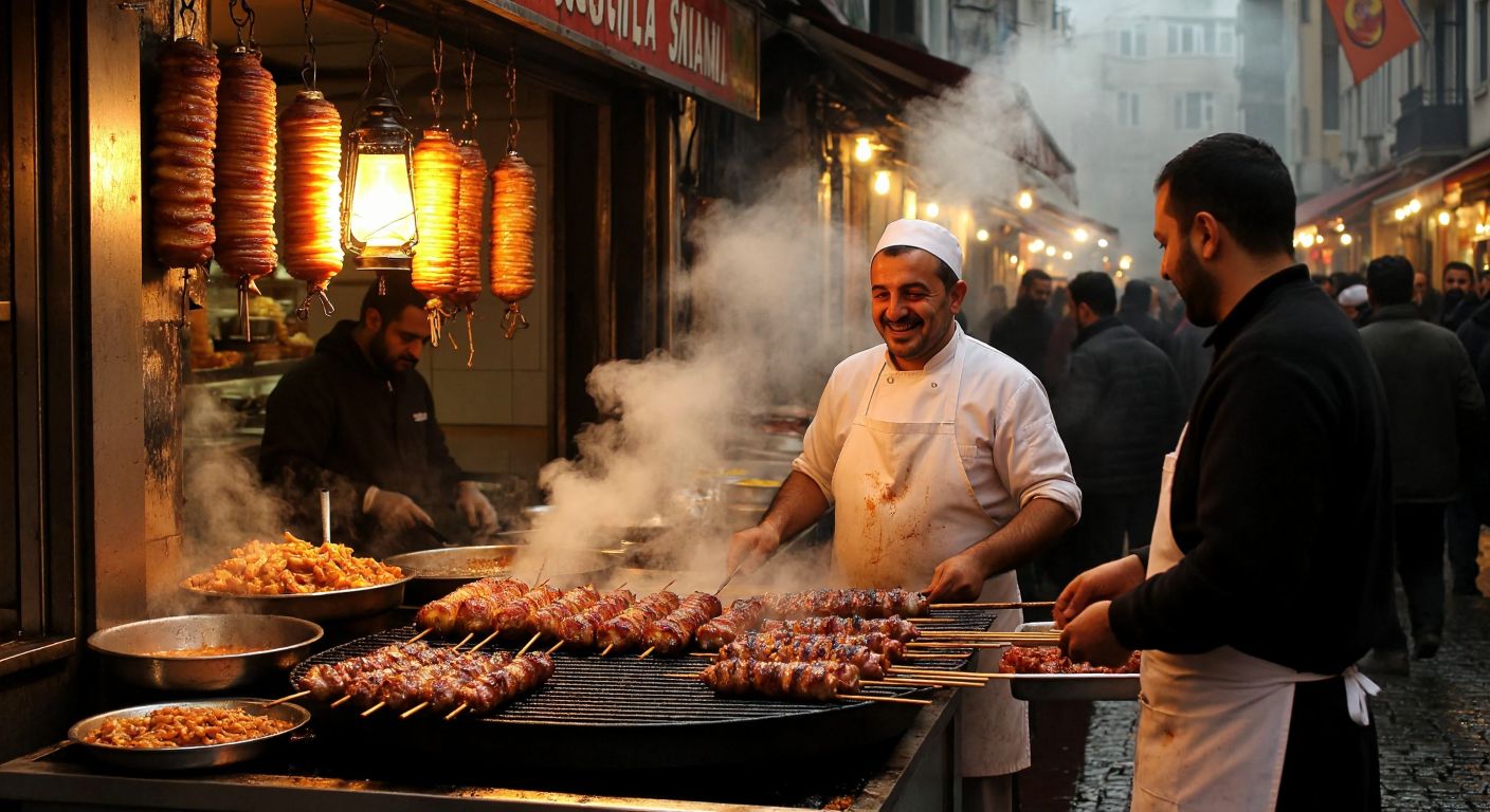 A bustling Istanbul street at night, with steam rising from sizzling kokoreç grills, a smiling vendor in a white apron serving customers, and the warm glow of lanterns reflecting off the golden-brown, crispy intestines on skewers.
