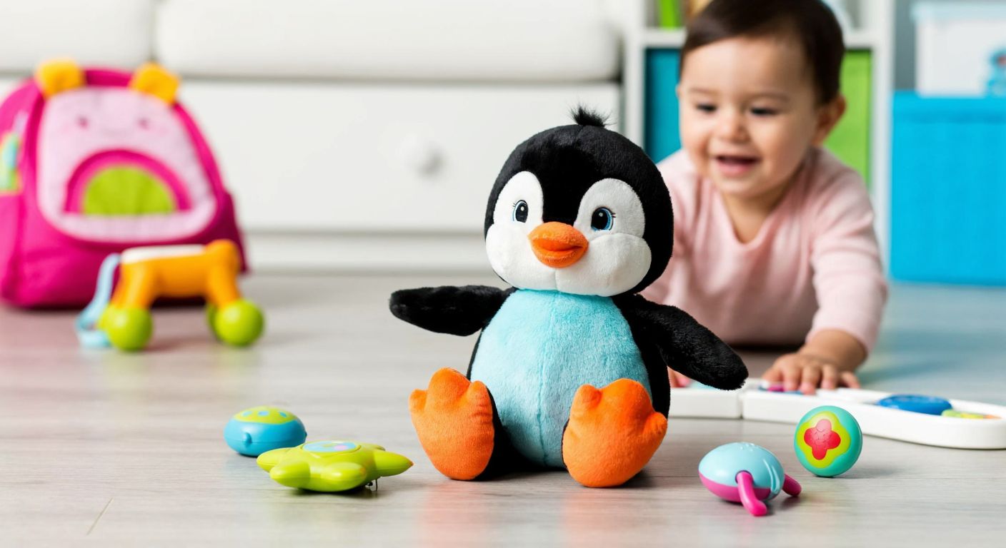 A colorful Fisher-Price penguin plush toy with soft fabric and a cheerful expression, sitting on a wooden floor surrounded by a few simple baby toys, while a smiling Turkish toddler in a cozy home setting reaches out to play with it.