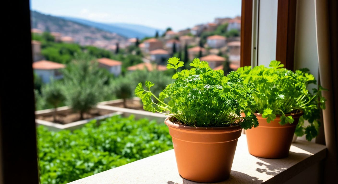 A sunlit Turkish balcony with terracotta pots filled with vibrant green herbs like parsley and mint, their leaves glistening from fresh watering, overlooking a small garden below with rows of lush vegetables.