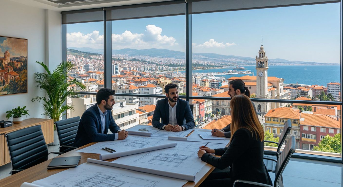 A modern office in İzmir with professionals discussing development plans over a table covered with blueprints, while a vibrant cityscape featuring the Clock Tower and the Aegean Sea is visible through the window.