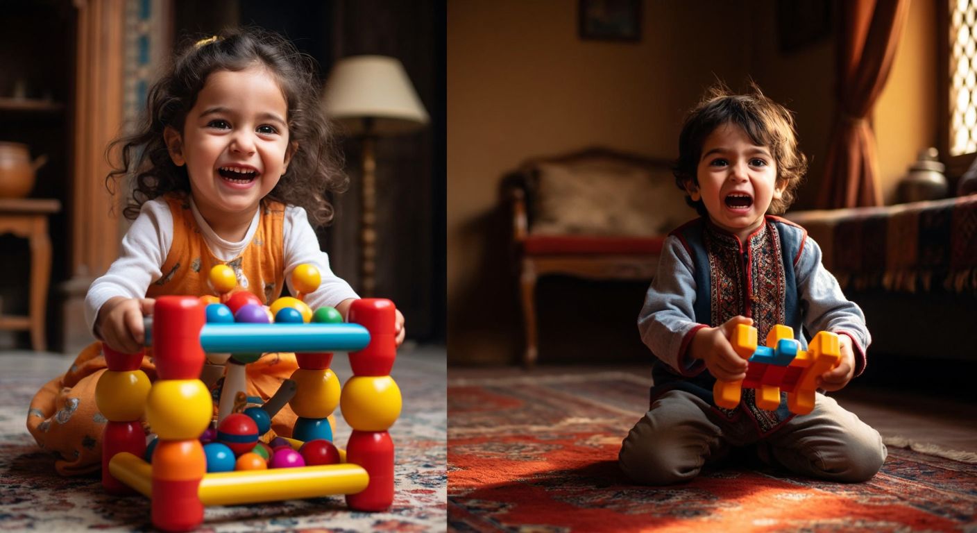 A split image showing a happy child playing with a colorful, sturdy toy on one side, and a frustrated child holding a broken toy on the other, set in a Turkish home with warm lighting and traditional rugs.