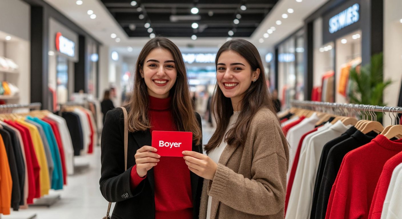A smiling Turkish woman in a modern shopping mall holds a bright red Boyner gift card while browsing colorful clothing racks, with a friendly customer service representative nearby.