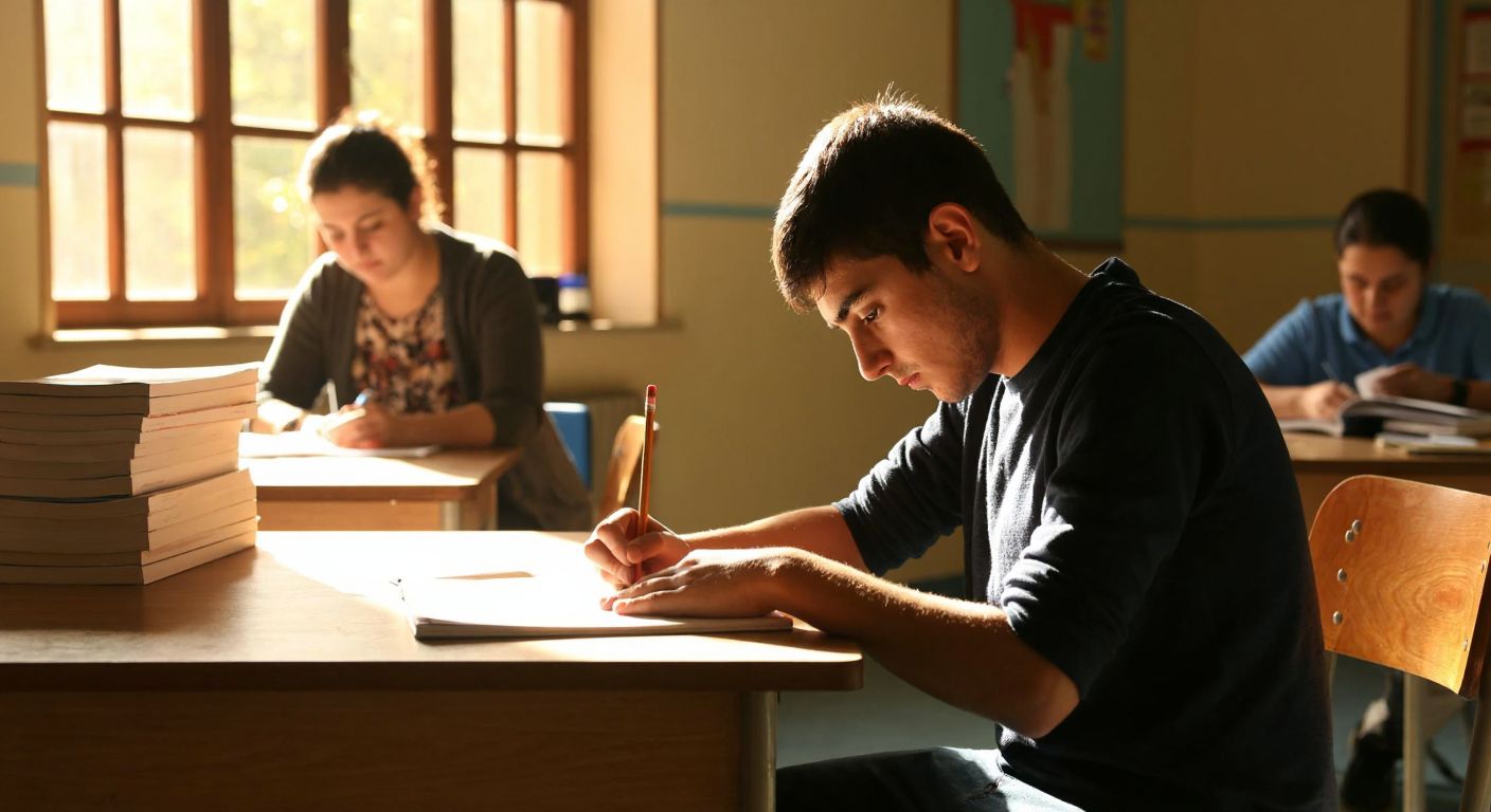 A focused Turkish student sits at a wooden desk in a sunlit classroom, holding a pencil over an exam paper while a teacher in the background observes a stack of test booklets.
