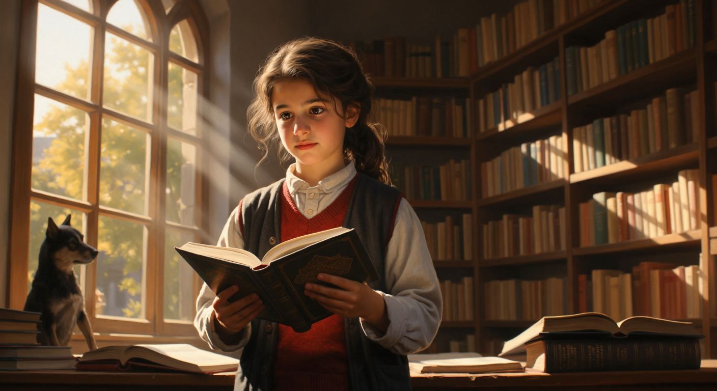 A young Turkish student in a sunlit classroom carefully holds an open book of poetry, their eyes alight with curiosity as a teacher gestures gracefully toward a shelf of classic literature.