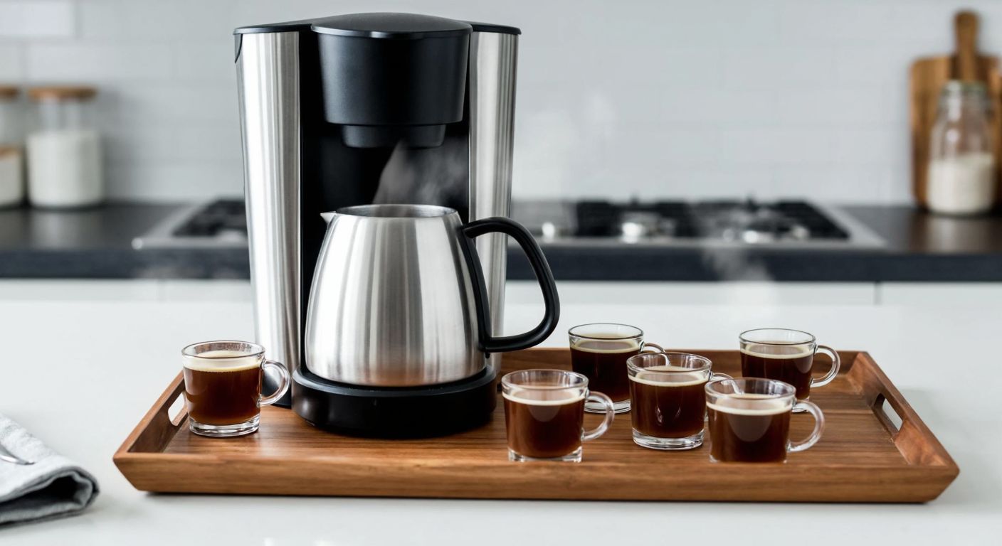 A sleek stainless steel WMF Stelio coffee maker sits on a countertop, surrounded by ten small Turkish coffee cups arranged neatly on a tray, with steam rising from the freshly brewed pot.