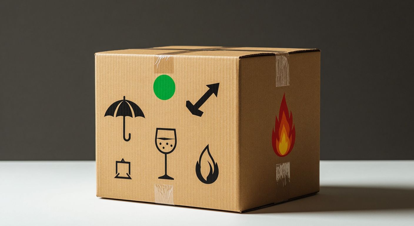A sturdy cardboard box with various international packaging symbols—a green dot, a cracked wine glass, an umbrella, upward-pointing arrows, and a flame—arranged neatly on its side, conveying universal handling instructions.