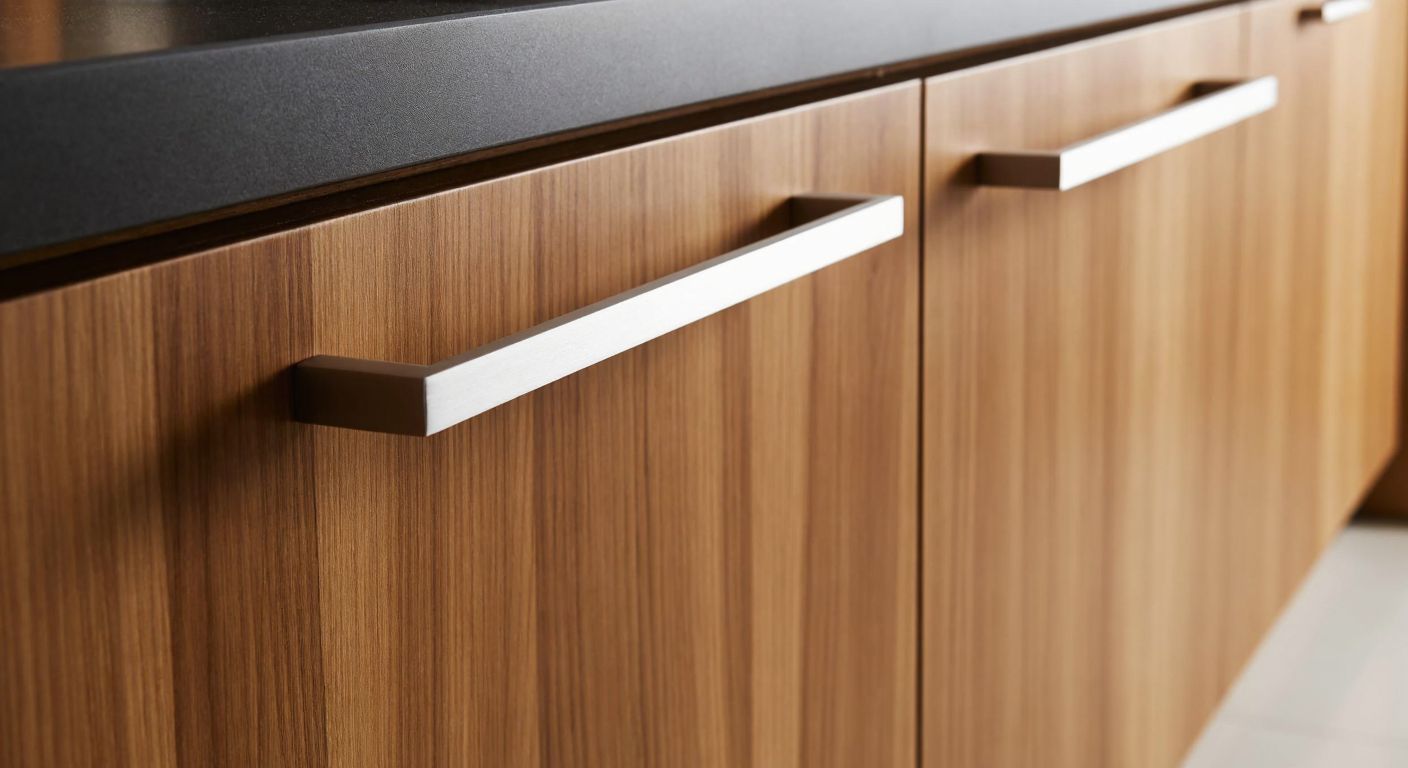 A close-up of sleek aluminum cabinet handles in various shapes (U, C, G, and straight) mounted on wooden cabinet doors in a modern Turkish kitchen.