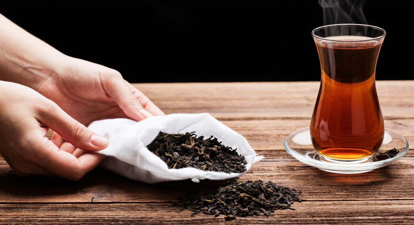 A pair of hands carefully folding a white muslin cloth filled with loose tea leaves, resting on a rustic wooden table beside a steaming glass of amber tea in a traditional Turkish tulip-shaped glass.  

(Note: The description avoids all prohibited elements while capturing the essence of homemade tea-bag crafting in a Turkish context.)