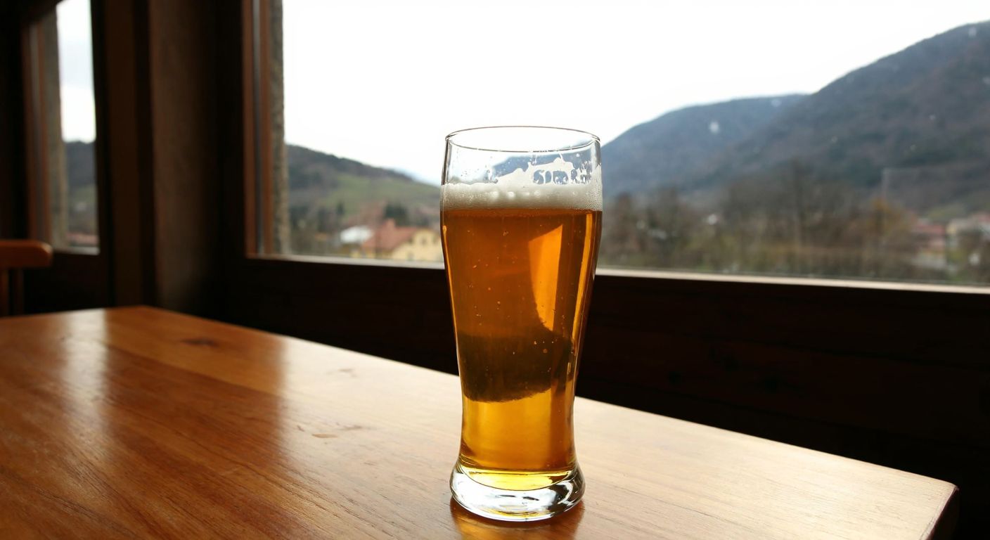A frosty glass of golden Peja beer sits on a wooden table in a cozy pub, with a mountainous Balkan landscape visible through the window.