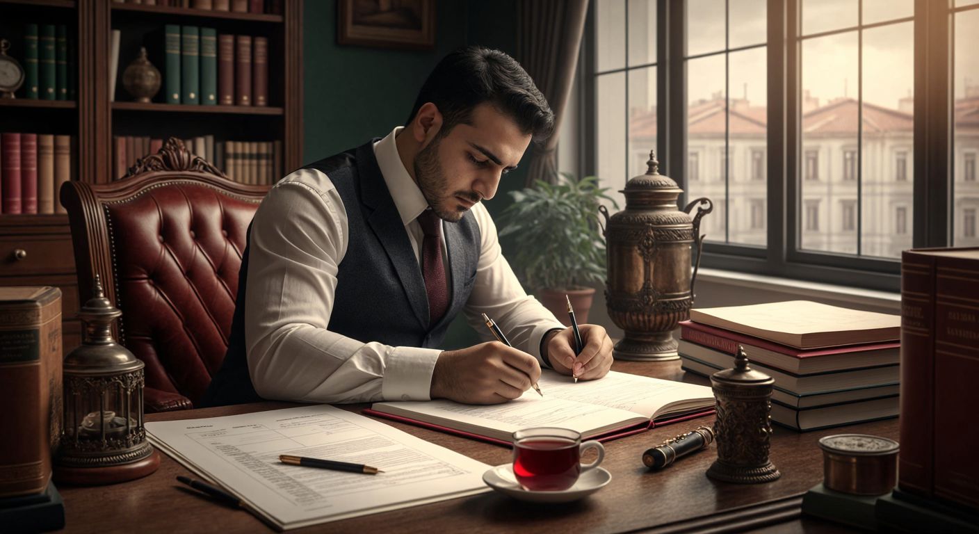 A focused Turkish accountant in a tidy office, writing diligently in a ledger with a traditional fountain pen, surrounded by stacks of neatly organized financial books and a steaming cup of Turkish tea.