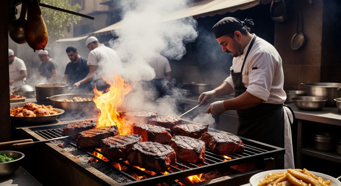 A Turkish chef in a bustling outdoor kitchen carefully smoking thick cuts of meat over a wood fire, the rich aroma filling the air as the meat develops a dark, glistening crust.