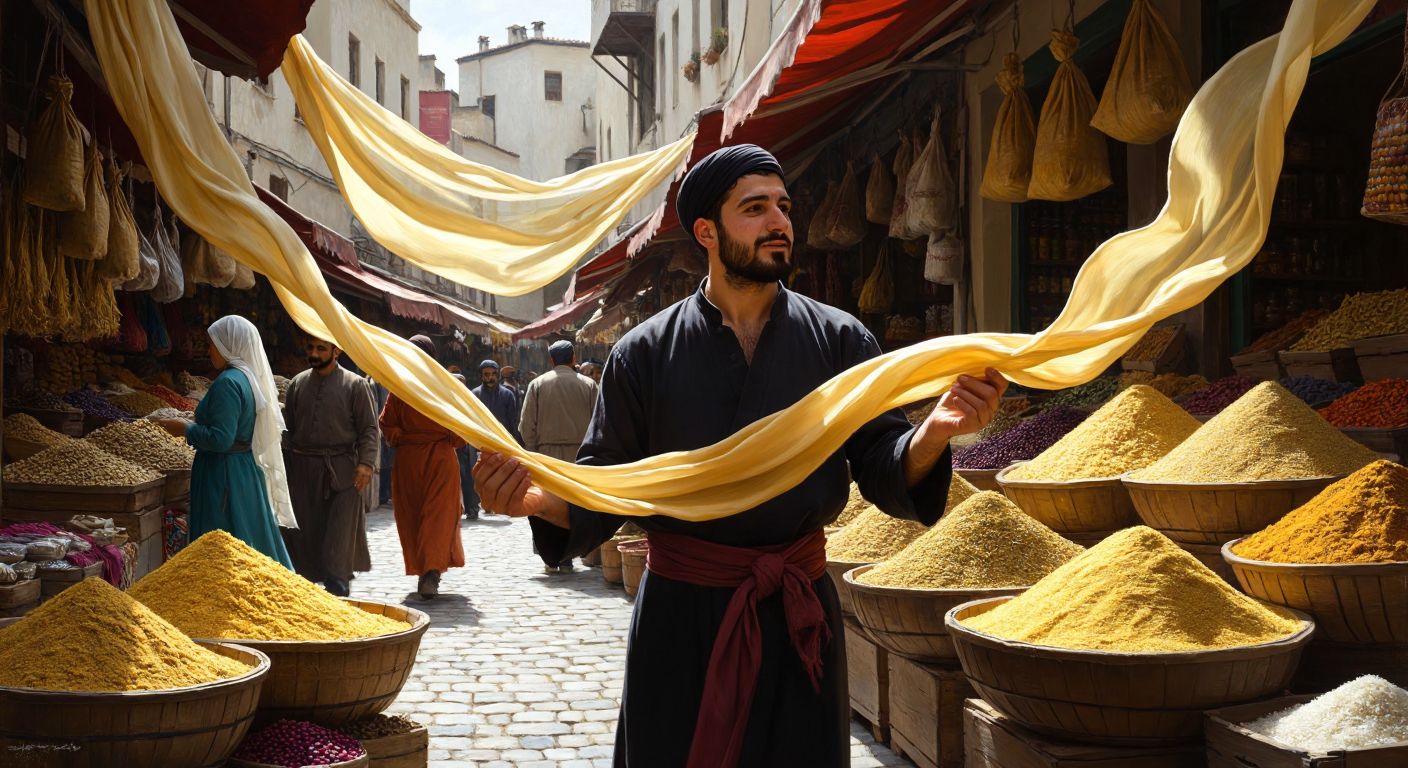A serene Turkish trader in a bustling bazaar compares two smooth, intertwined silk ribbons—one flowing swiftly (EMA) and the other gliding steadily (DEMA)—against a backdrop of golden spice sacks.