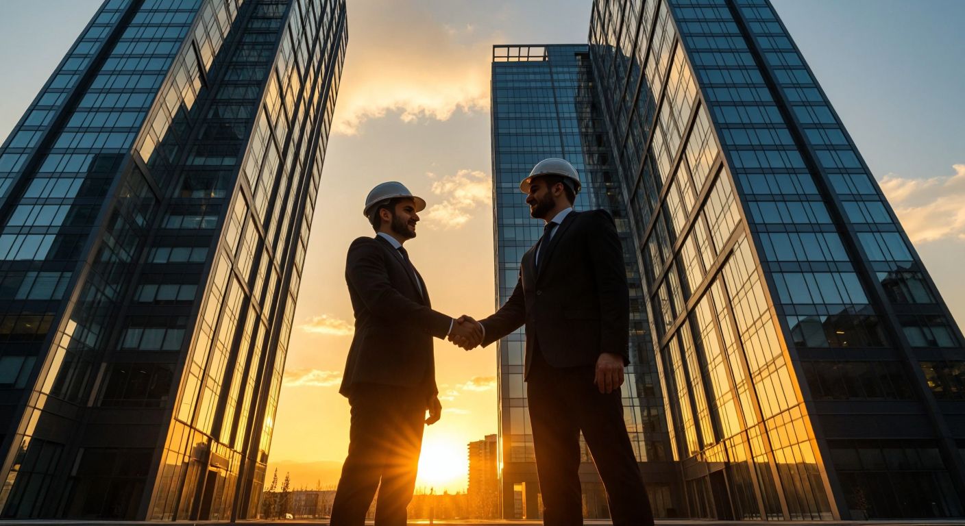 A modern glass-and-steel skyscraper complex in Ankara, bathed in golden sunset light, with the silhouettes of two businesspeople—one in a sleek suit and the other in a construction helmet—shaking hands in front of it, symbolizing the partnership between Koç Holding and Akgül Yap-Sat.