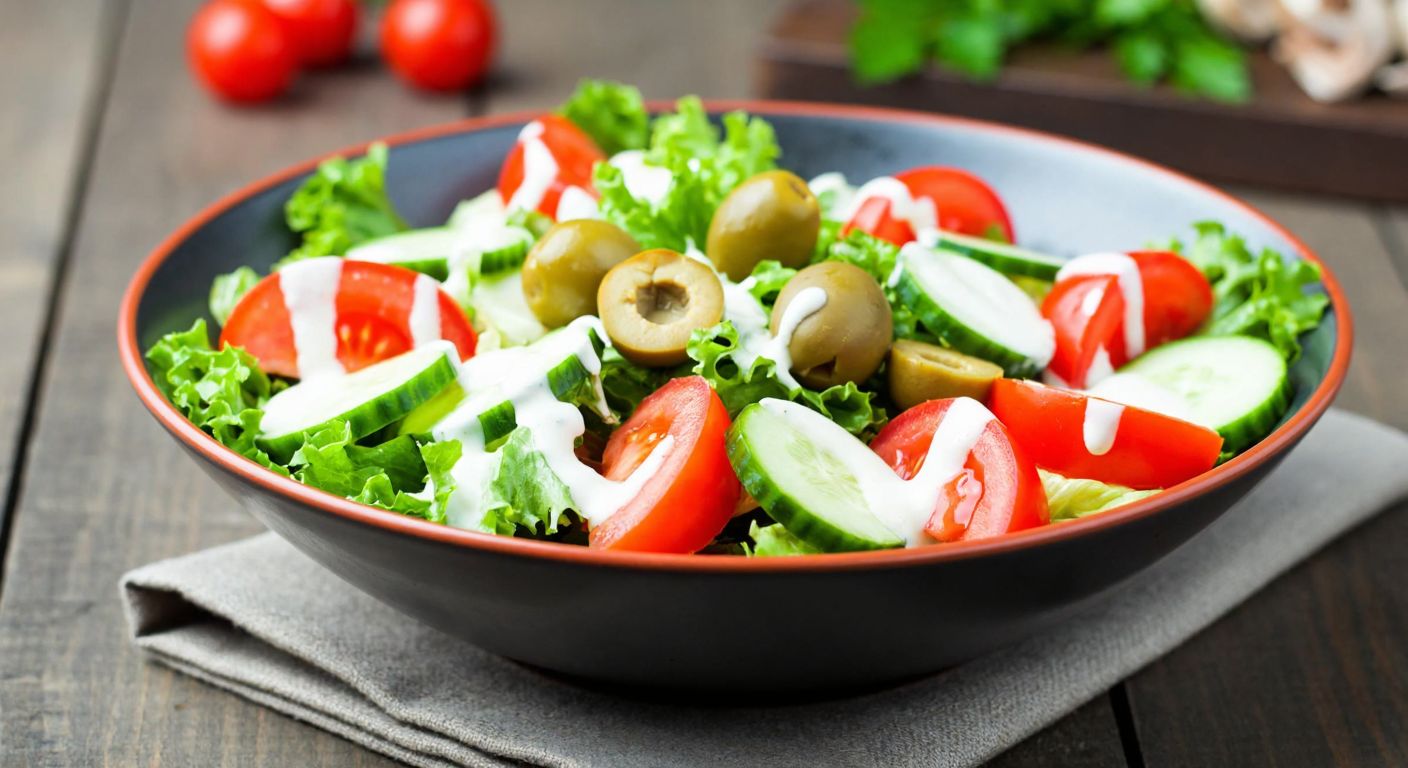 A vibrant bowl of Italian salad with creamy mayonnaise dressing, fresh vegetables like tomatoes and cucumbers, and slices of olives, placed on a rustic wooden table in a Turkish kitchen.
