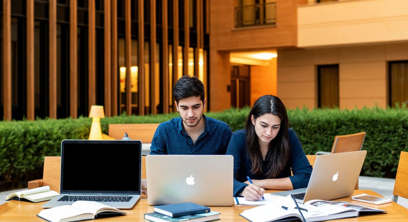 A modern university building in Eskişehir with students studying remotely on laptops at home, surrounded by books and notes, with a warm, focused atmosphere.