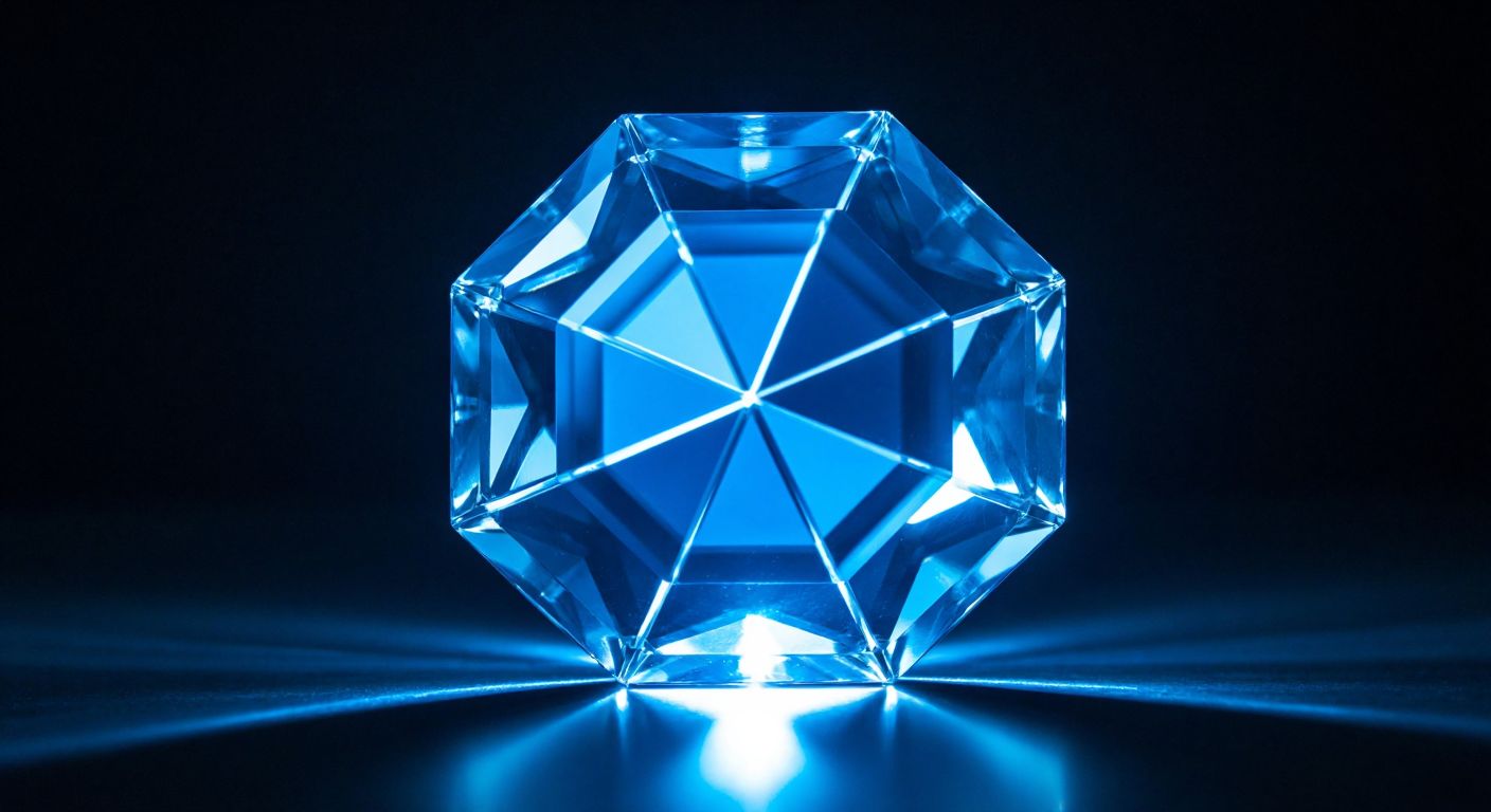 A glowing blue octagon with precise edges and angles floats against a dark background, its geometric perfection subtly reflecting light like a polished gemstone.