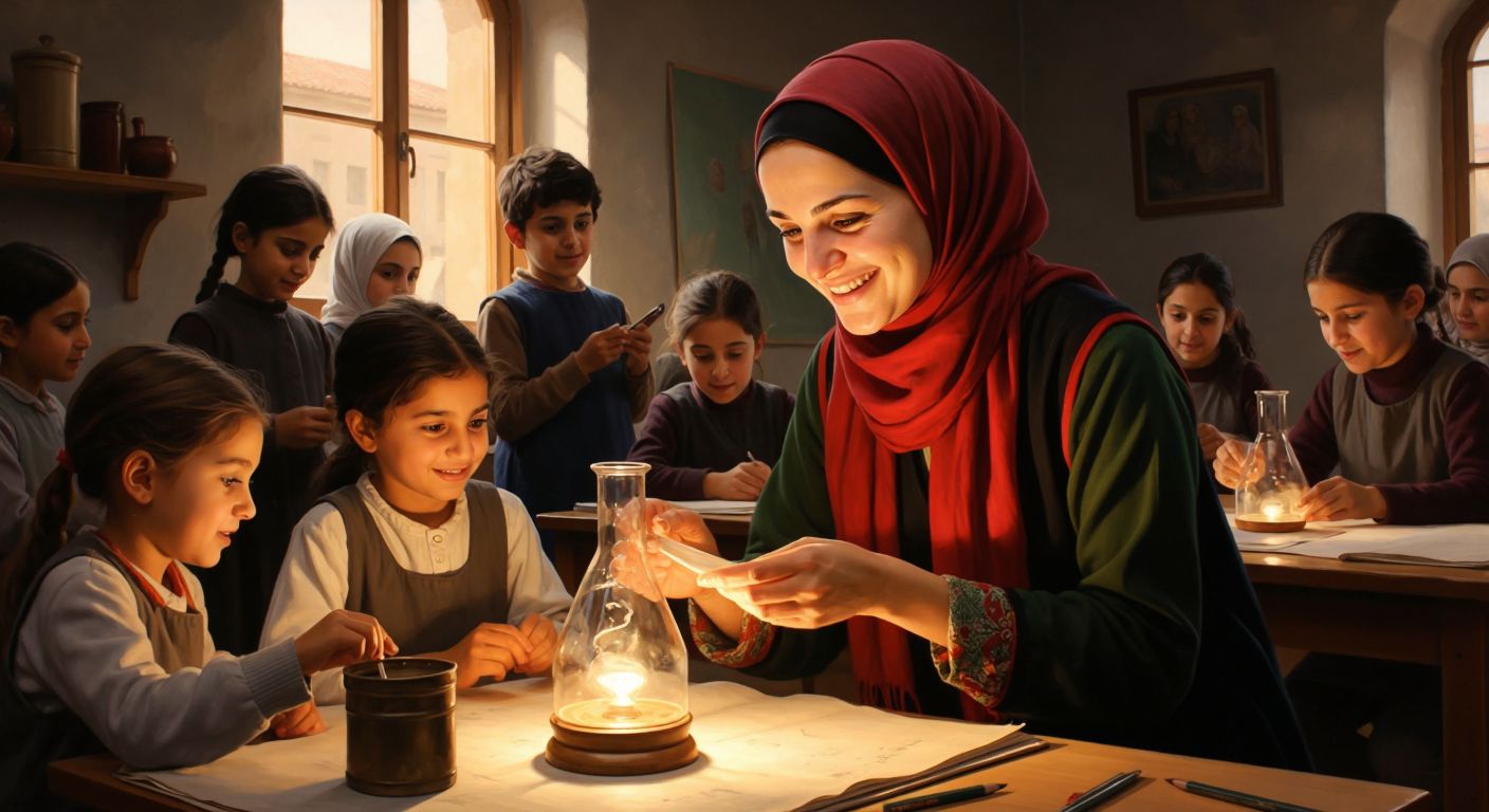 A warm Turkish classroom with a smiling teacher in a headscarf patiently guiding diverse students through a hands-on science experiment, her eyes reflecting curiosity and encouragement.