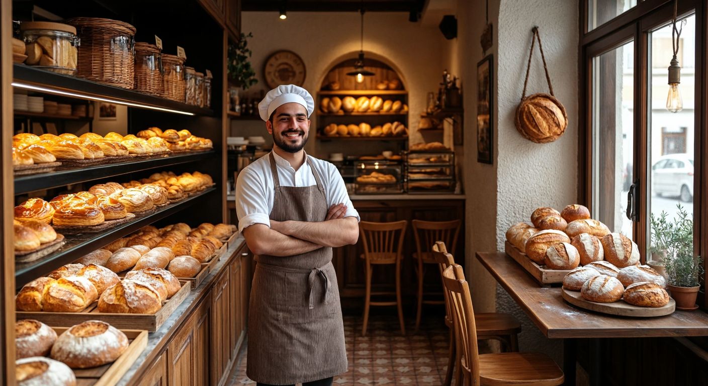 A warm bakery in Izmir with golden pastries in the display, a smiling baker in an apron, and a cozy café corner with wooden chairs, while a separate scene shows an old Swiss bakery with traditional European breads and a baker in a white hat.