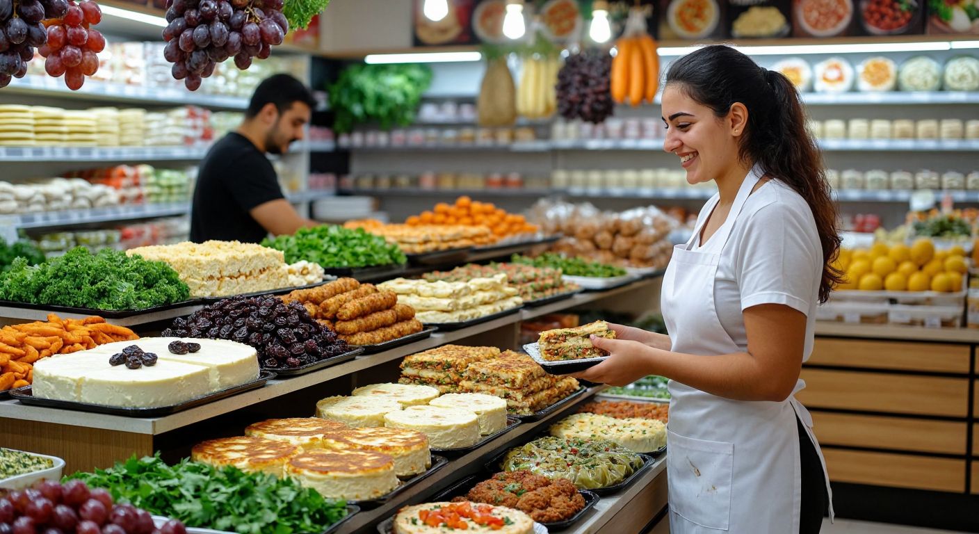 A bustling Turkish grocery store in Mahmutlar, Alanya, with colorful displays of frozen cheesecakes topped with dried grapes, creamy cheese-filled crepes, golden breaded chicken cutlets, and neatly arranged trays of köfte, stuffed cabbage leaves, and cordon bleu, while a smiling shopkeeper in a white apron offers a sample of humus to a customer.