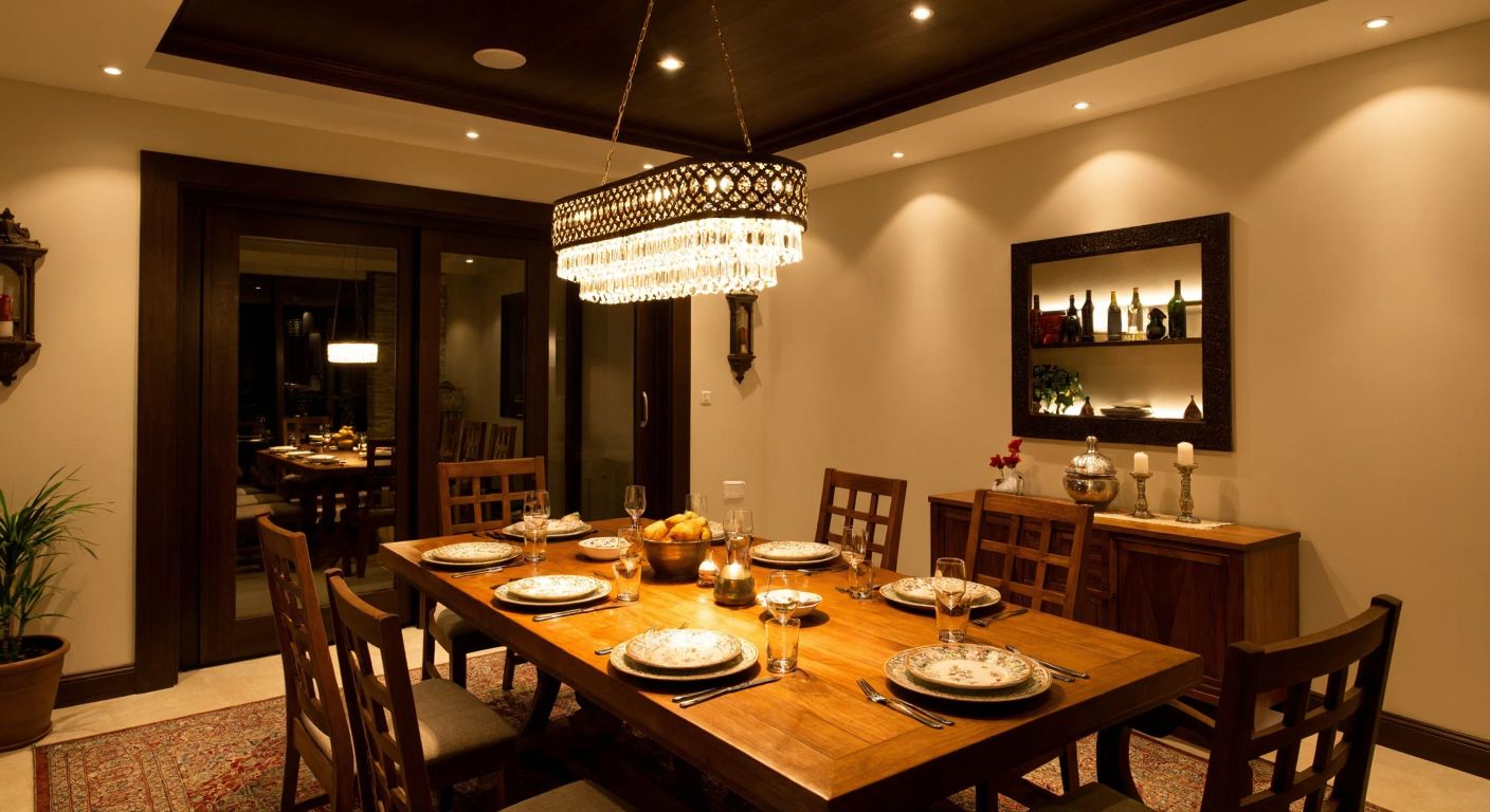 A warm Turkish dining room with a wooden table set for dinner, where a hanging chandelier casts soft light over traditional dishes, while recessed spotlights subtly illuminate the surrounding walls and decor.