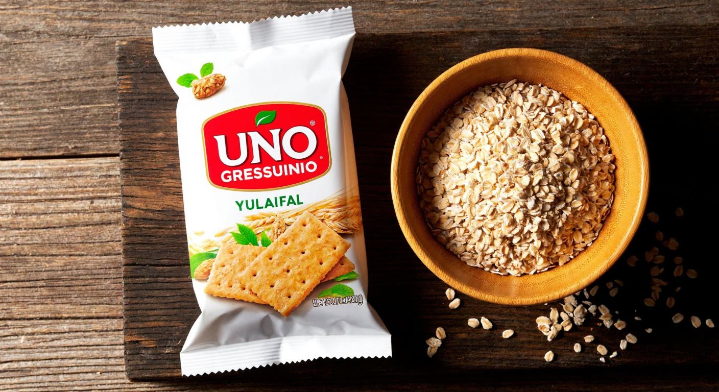 A neatly arranged package of **Uno Grissuno Yulaflı** crackers sits on a rustic wooden table beside a small bowl of fresh oats and buckwheat, with warm sunlight highlighting their wholesome texture.