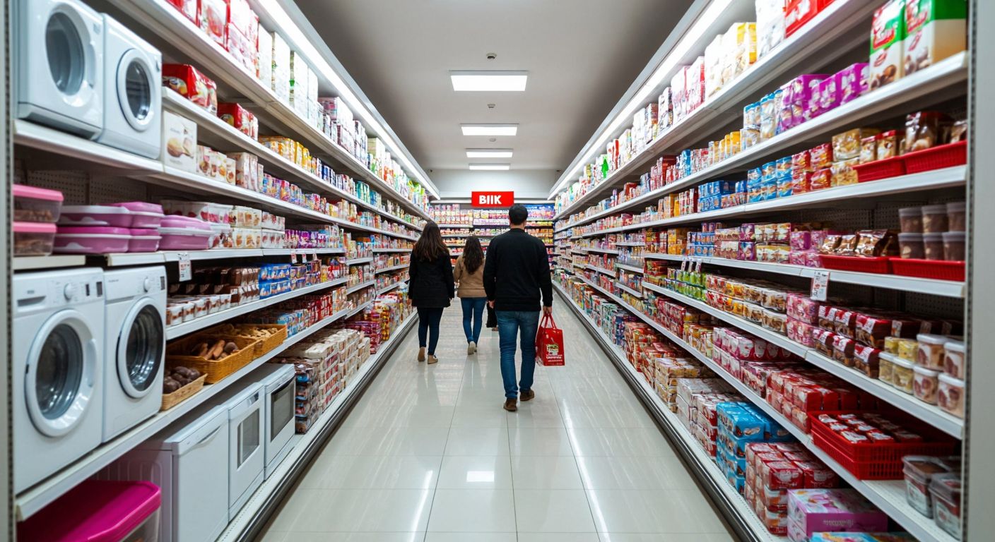 A bustling BİM supermarket aisle in Turkey, filled with neatly stacked white appliances, colorful kitchen knife sets, shelves of chocolates and cakes, glossy makeup products, and children's toys like puzzles and dragon models, with shoppers excitedly browsing the discounted items.