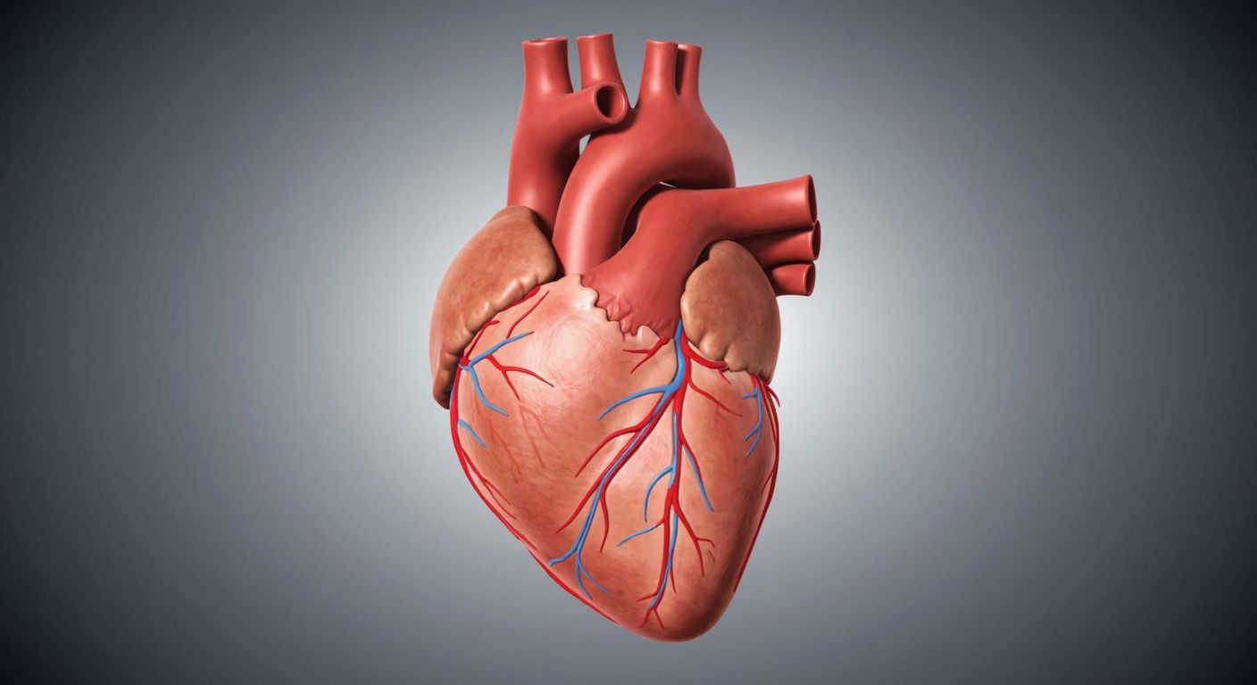 A detailed anatomical illustration of a human heart with highlighted defects in the septum and abnormal vessel connections, set against a neutral medical backdrop.