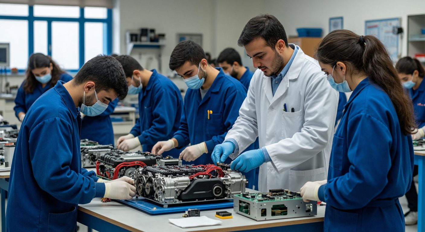 A bustling Turkish vocational high school classroom with diverse students in blue uniforms, some working on car engines, others practicing medical bandaging, and a group assembling circuit boards, all under the watchful eye of a teacher in a white lab coat.