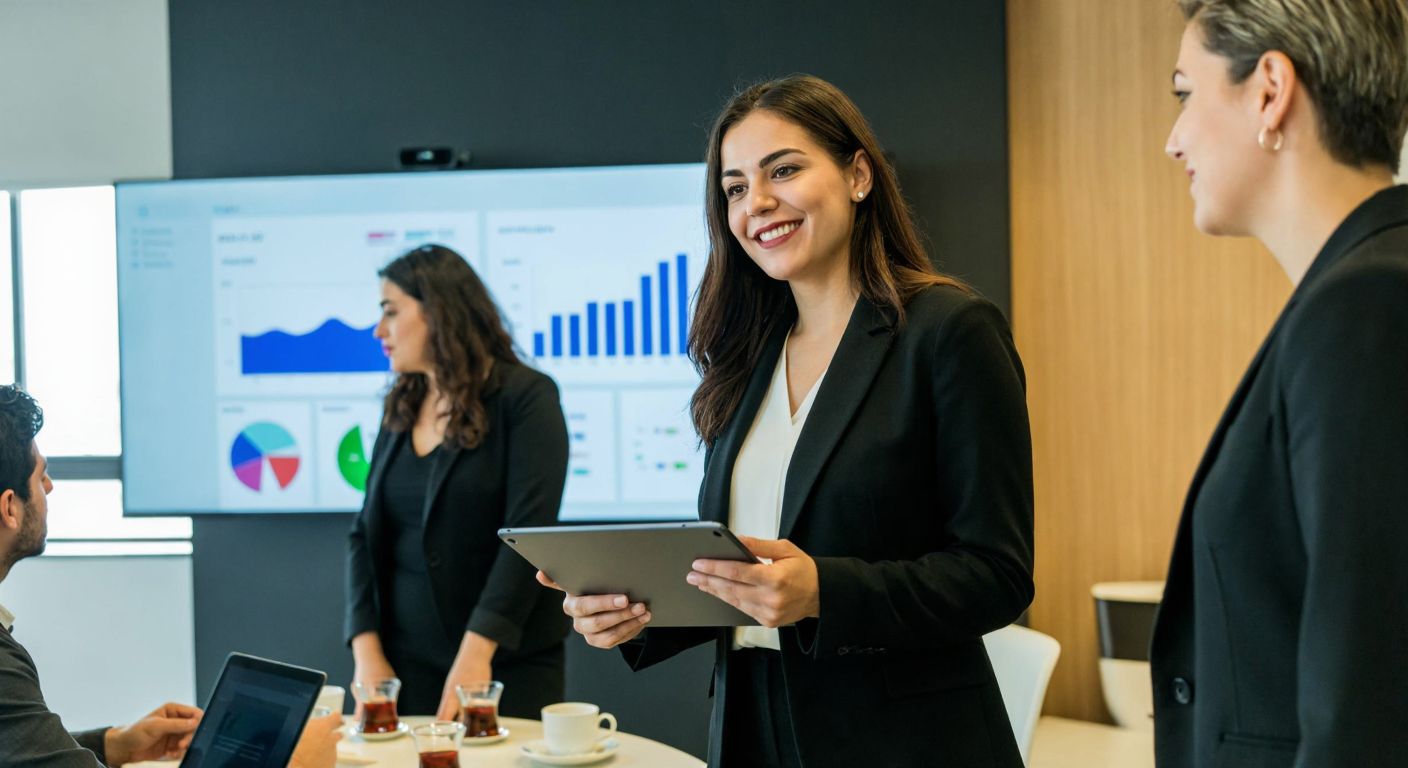A confident Turkish businesswoman in a modern office analyzes colorful charts on a large screen while holding a tablet, surrounded by colleagues discussing marketing strategies over cups of traditional Turkish tea.