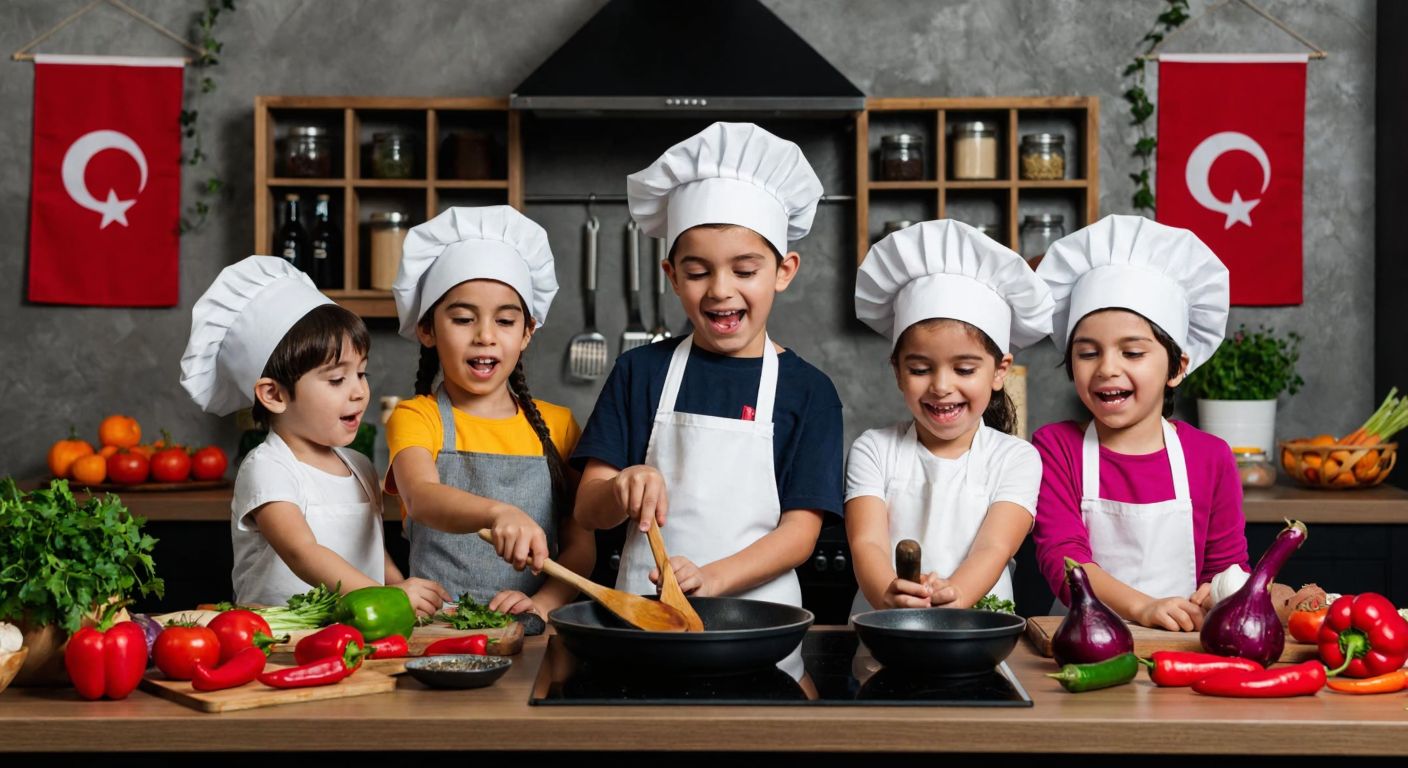 A group of excited children in chef hats cooking colorful dishes in a bright kitchen studio, with Turkish flags and traditional ingredients like peppers and eggplants in the background.